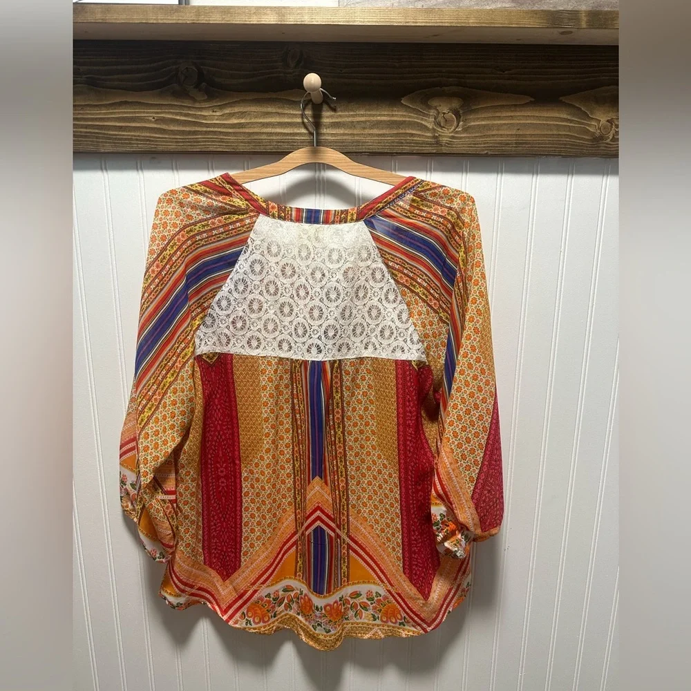 Anthropologie Fig & Flower Boho Flowy Women's Peasant Top XL Patchwork Hippie - Picture 2 of 7